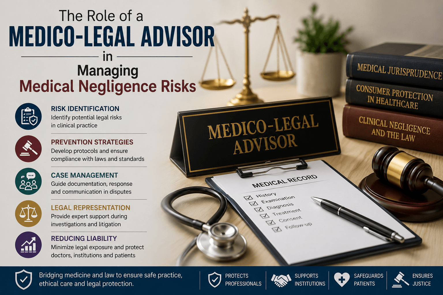 Medico-legal advisor reviewing medical records, legal risks, compliance, case management, and liability protection.